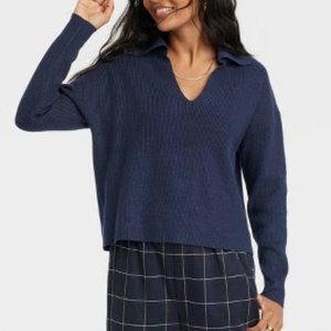Women's Collared Polo Ribbed Pullover Sweater - A New Day™ Navy Blue XS